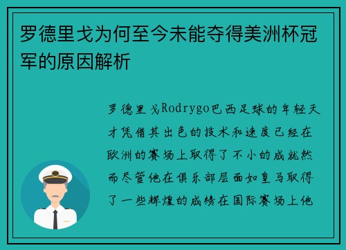 罗德里戈为何至今未能夺得美洲杯冠军的原因解析