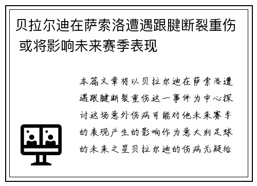 贝拉尔迪在萨索洛遭遇跟腱断裂重伤 或将影响未来赛季表现 贝拉尔迪在萨索洛遭遇跟腱断裂重伤 或将影响未来赛季表现