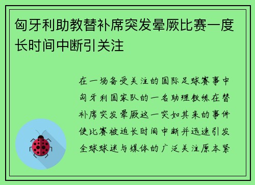 匈牙利助教替补席突发晕厥比赛一度长时间中断引关注