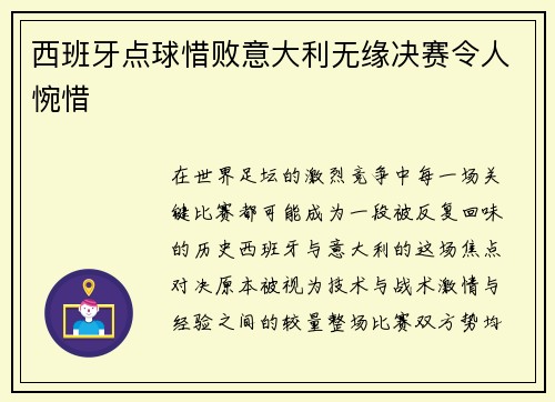 西班牙点球惜败意大利无缘决赛令人惋惜